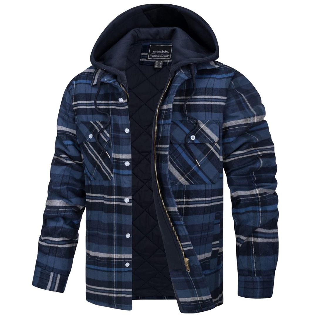 Chaqueta de franela acolchada con capucha Marcos en azul y gris, vista frontal
