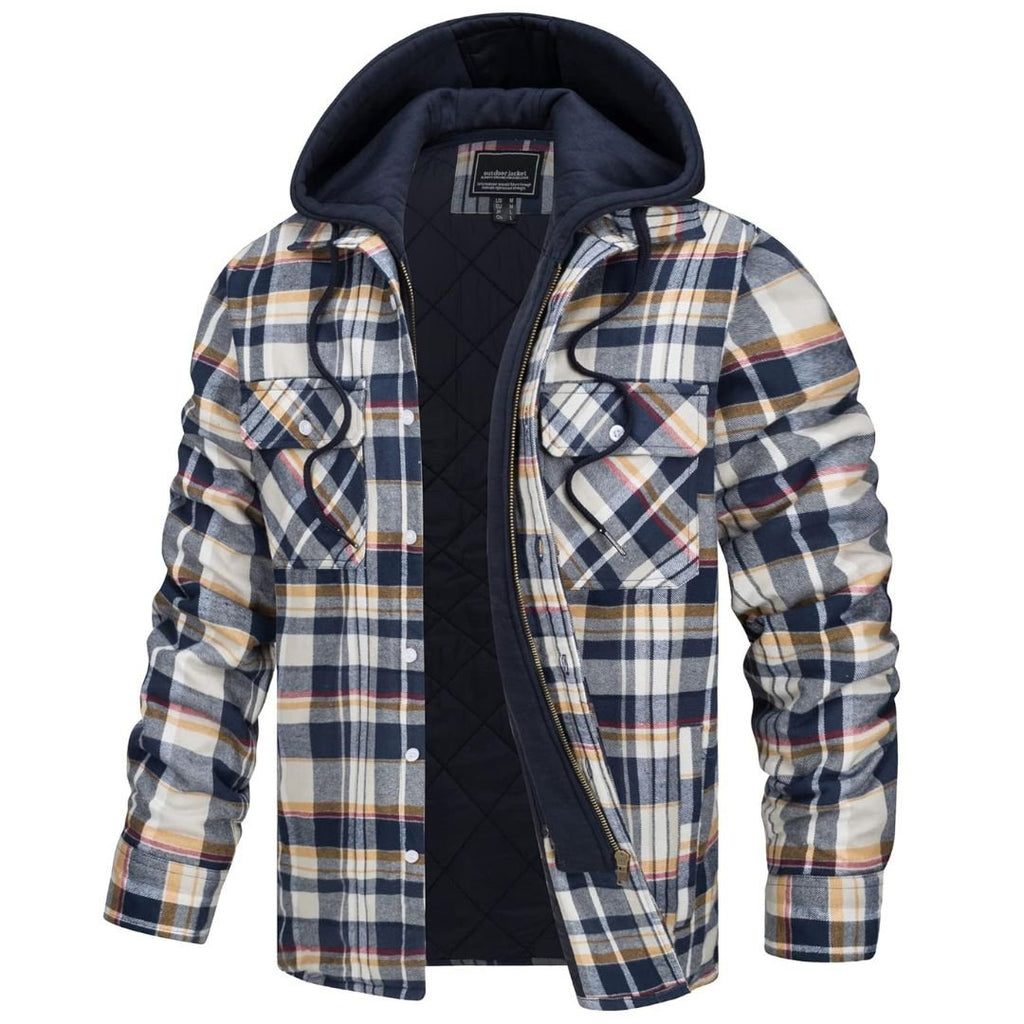 Chaqueta de franela acolchada con capucha Marcos en beige y azul marino, vista frontal