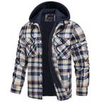Chaqueta de franela acolchada con capucha Marcos en beige y azul marino, vista frontal