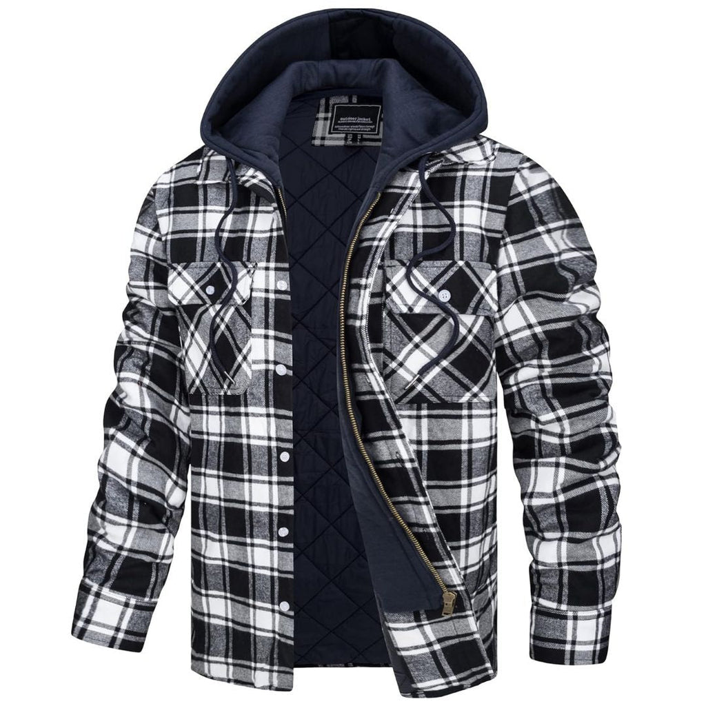 Chaqueta de franela acolchada con capucha Marcos en negro y blanco, vista frontal