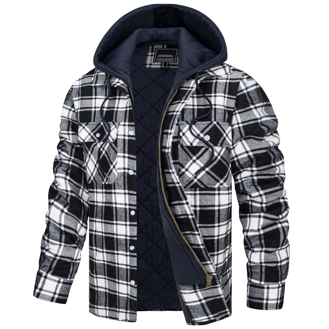 Chaqueta de franela acolchada con capucha Marcos en negro y blanco, vista frontal