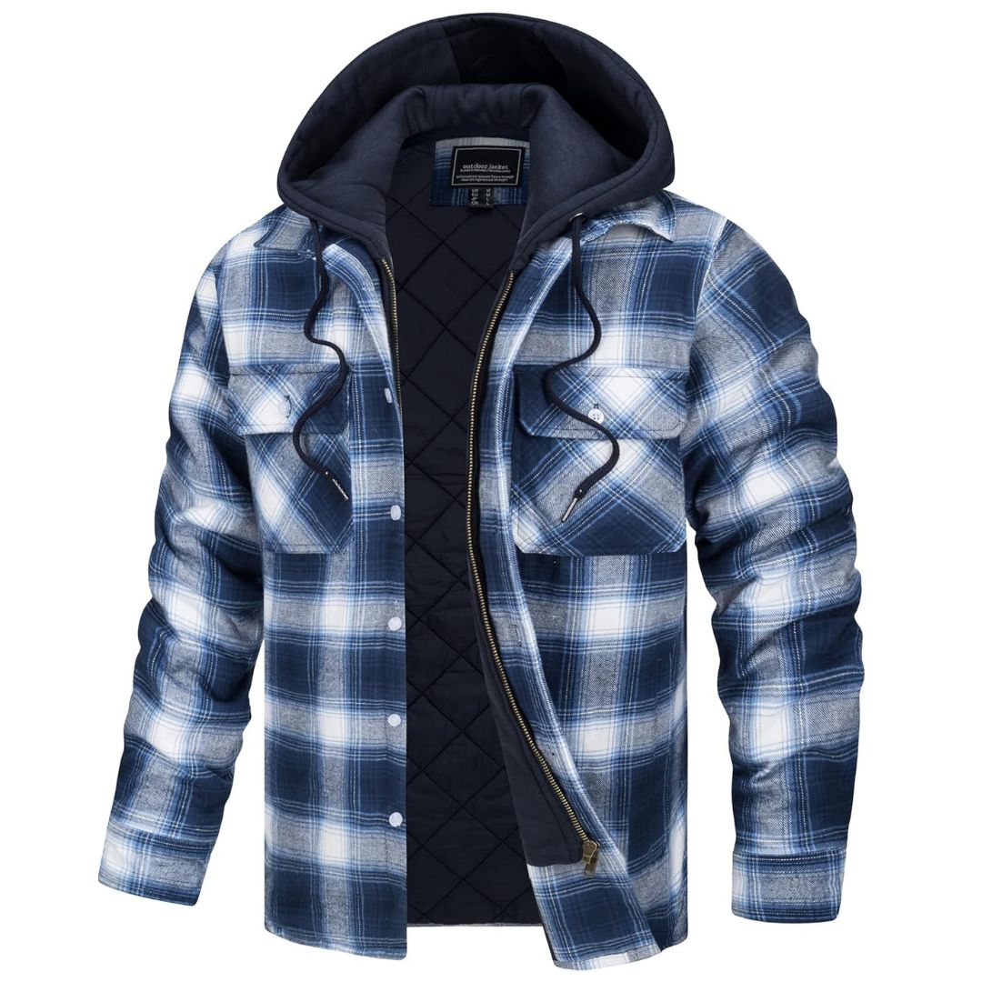 Chaqueta de franela acolchada con capucha Marcos en azul y blanco, vista frontal