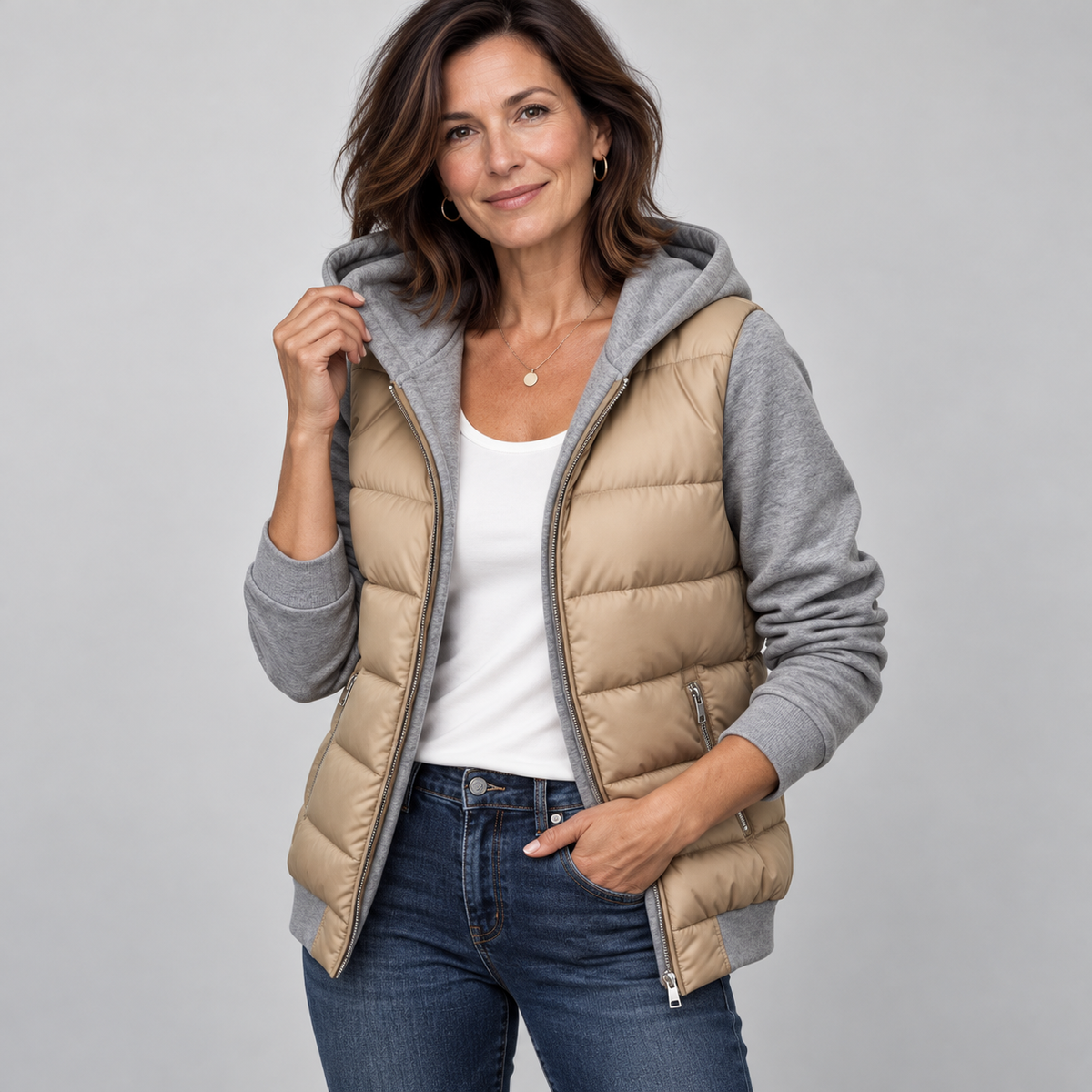 Noelia · Chaqueta acolchada beige con mangas y capucha de punto grises, fondo gris