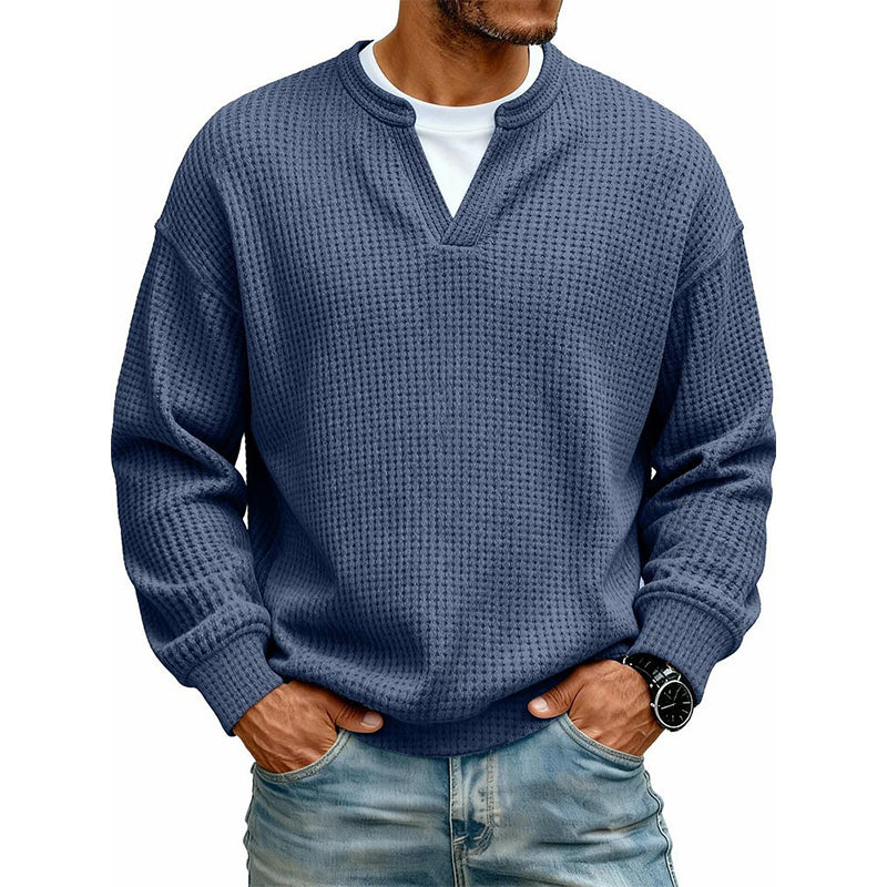 Dario · Camiseta de punto gofre con cuello de pico, color azul marino