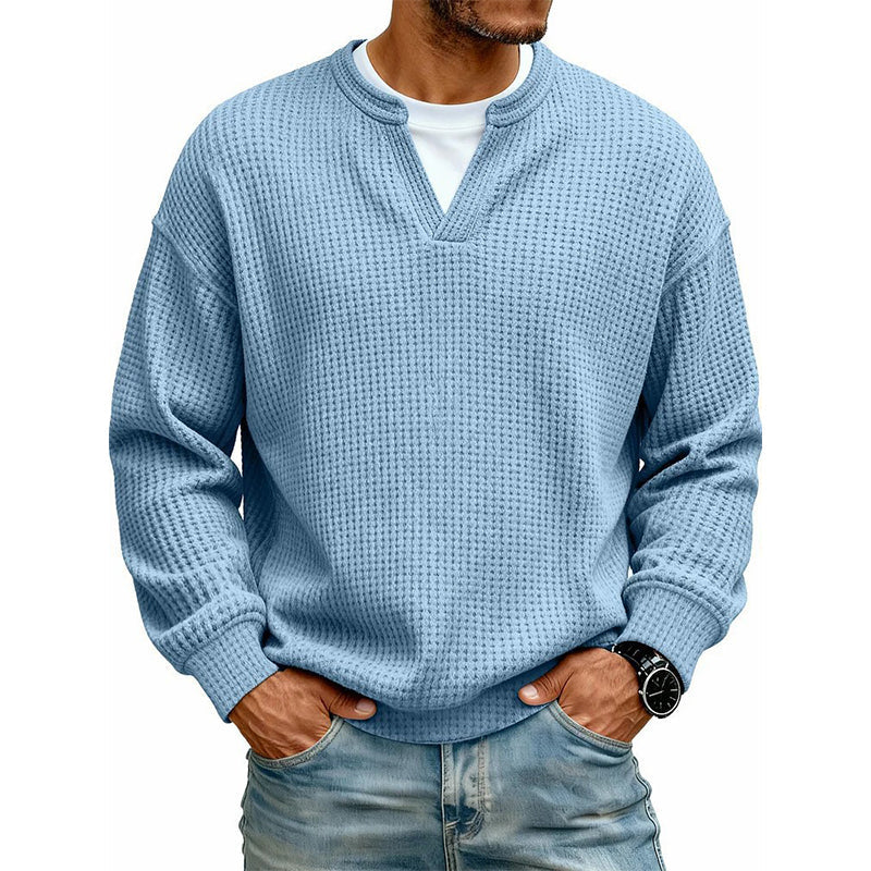 Dario · Camiseta de punto gofre con cuello de pico, color azul claro