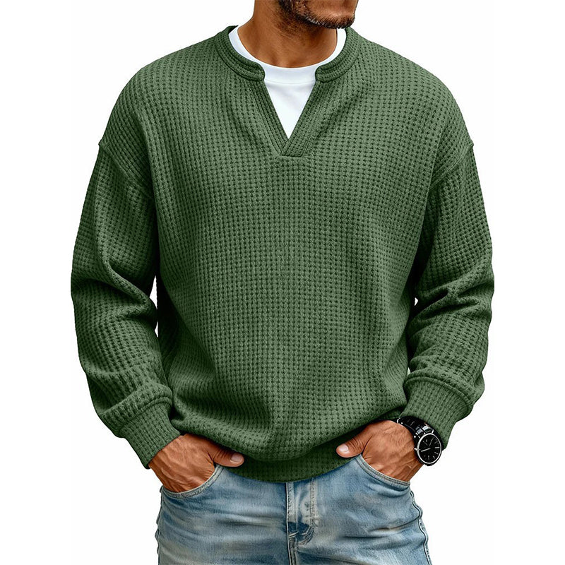 Dario · Camiseta de punto gofre con cuello de pico, color verde oscuro