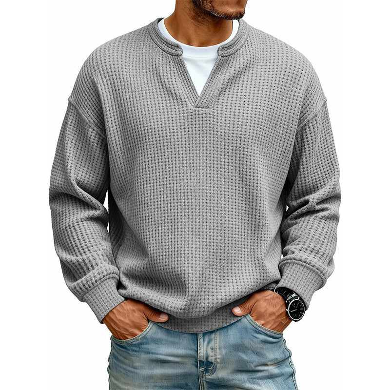 Dario · Camiseta de punto gofre con cuello de pico, color gris