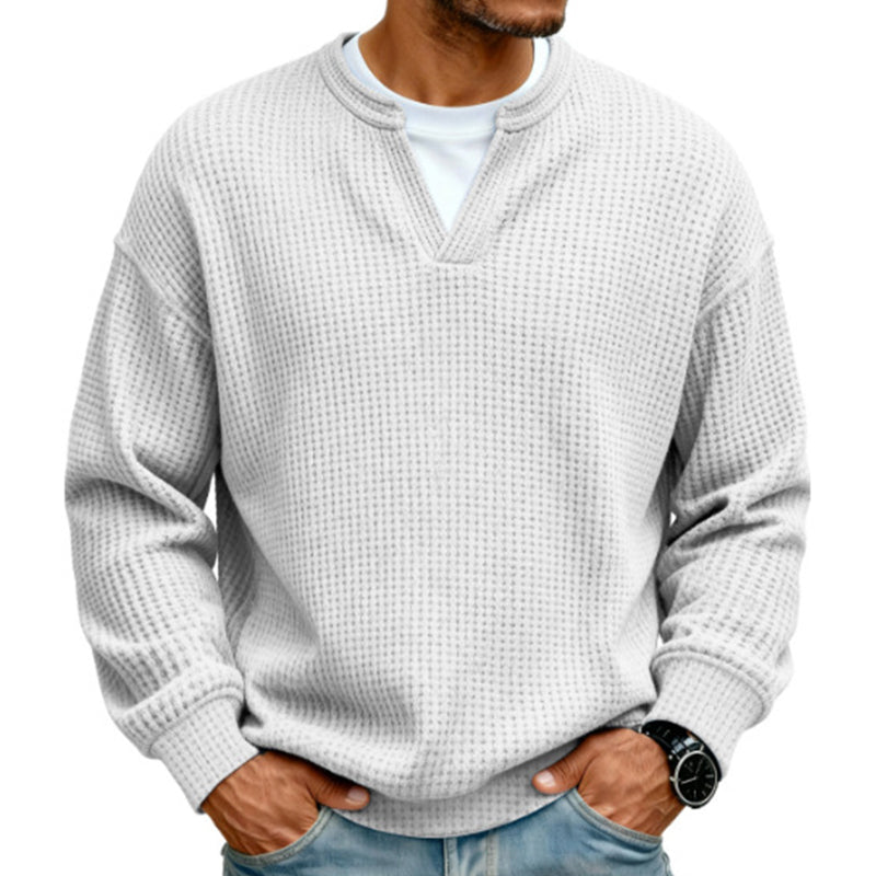 Dario · Camiseta de punto gofre con cuello de pico, color blanco