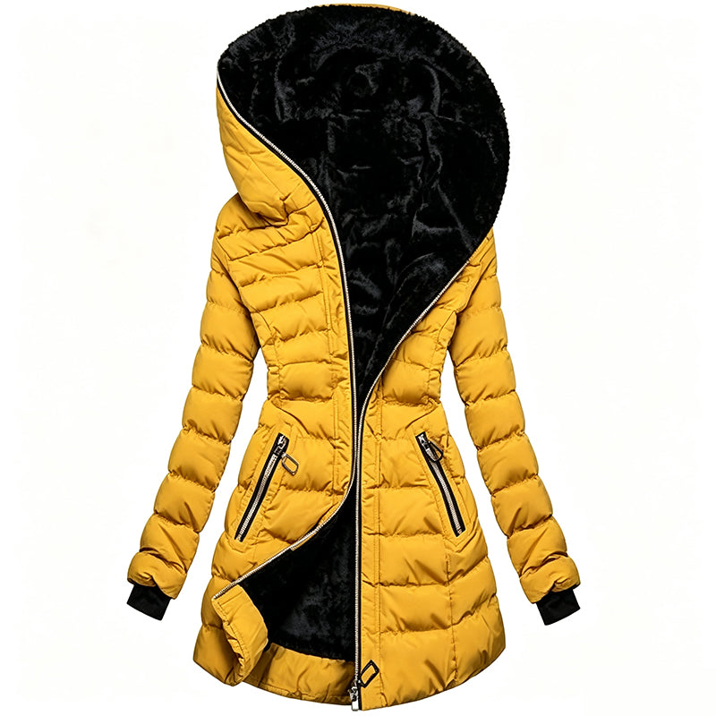 Greta · Abrigo de invierno con capucha, color amarillo