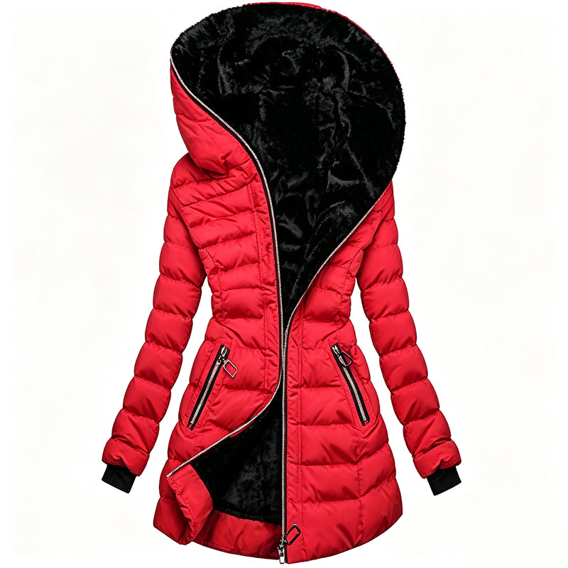 Greta · Abrigo de invierno con capucha, color rojo
