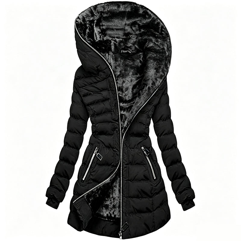 Greta · Abrigo de invierno con capucha, color gris oscuro