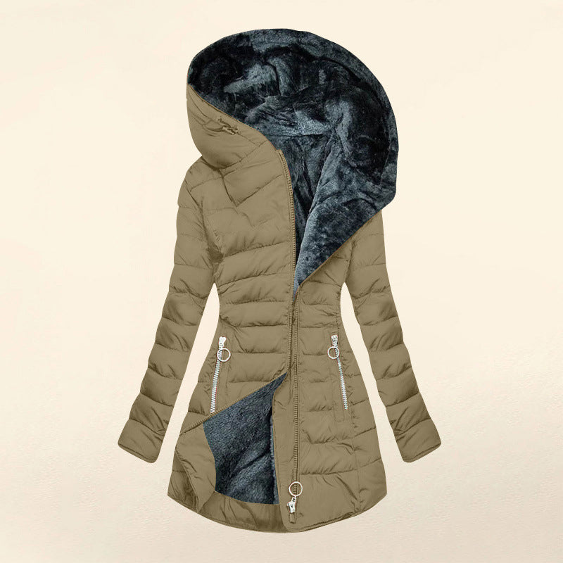 Greta · Abrigo de invierno con capucha, color caqui