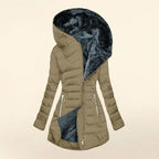 Greta · Abrigo de invierno con capucha, color caqui