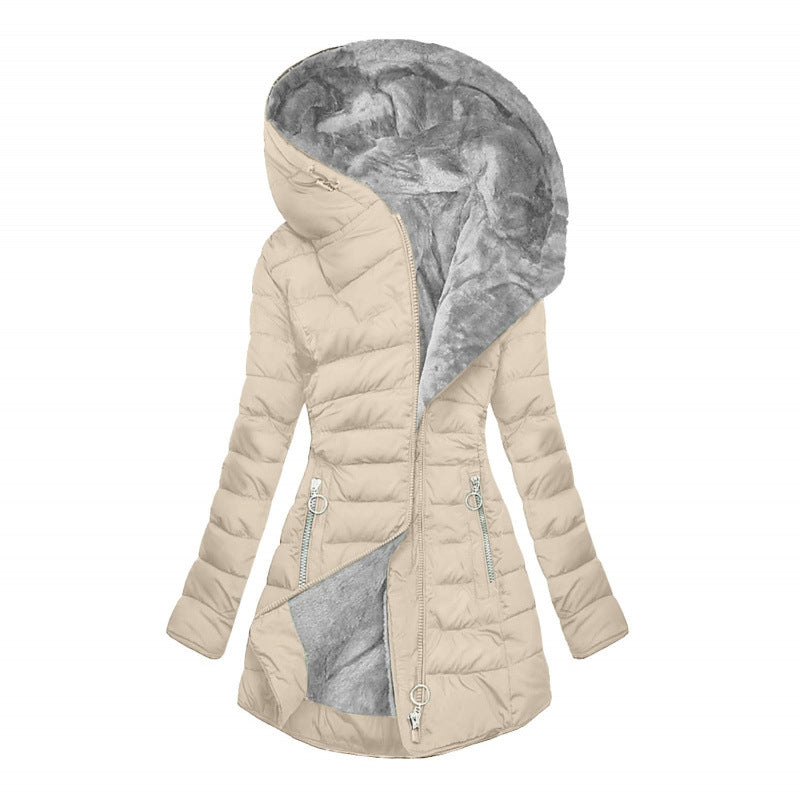 Greta · Abrigo de invierno con capucha, color gris cálido