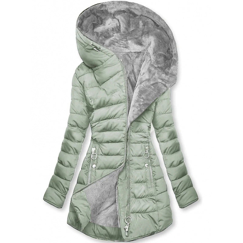 Greta · Abrigo de invierno con capucha, color verde claro