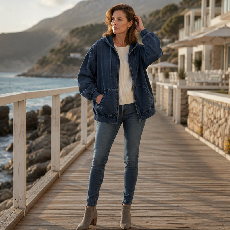 Mujer con la chaqueta vaquera Nerea en azul oscuro paseando