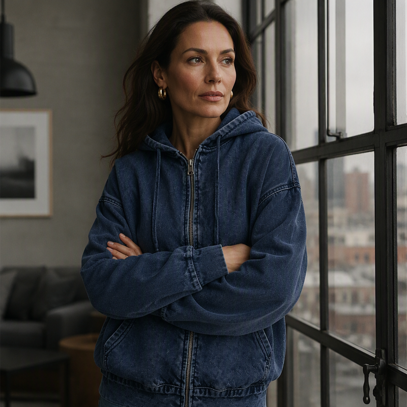 Mujer con la chaqueta vaquera Nerea en azul oscuro, detalle de la capucha