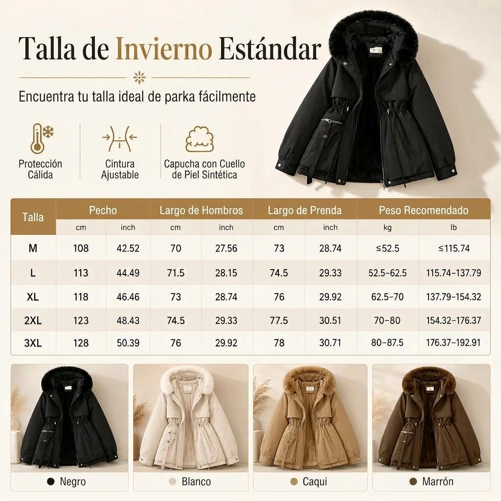 Tabla de tallas de Irene · Parka acolchada con capucha, tallas M a 3XL: pecho, largo de hombros, largo de prenda y peso recomendado