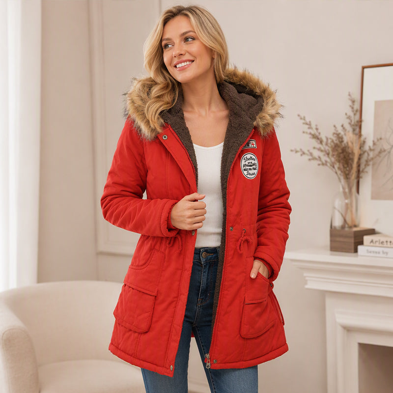 Lena · Parka con capucha y ribete de pelo en rojo