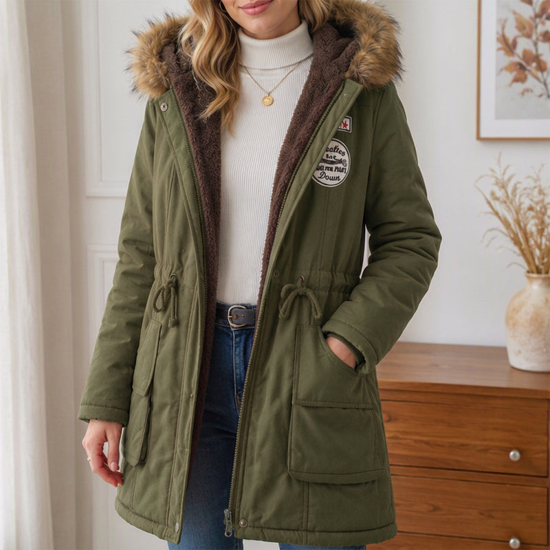 Lena · Parka con capucha y ribete de pelo en verde militar