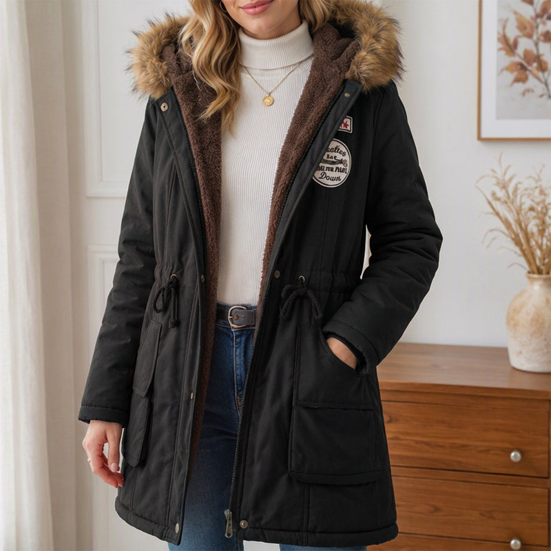 Lena · Parka con capucha y ribete de pelo en negro