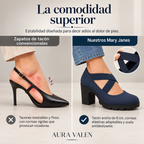 Tacones Mary Jane con tiras cruzadas: detalle del tacón ancho y las tiras elásticas