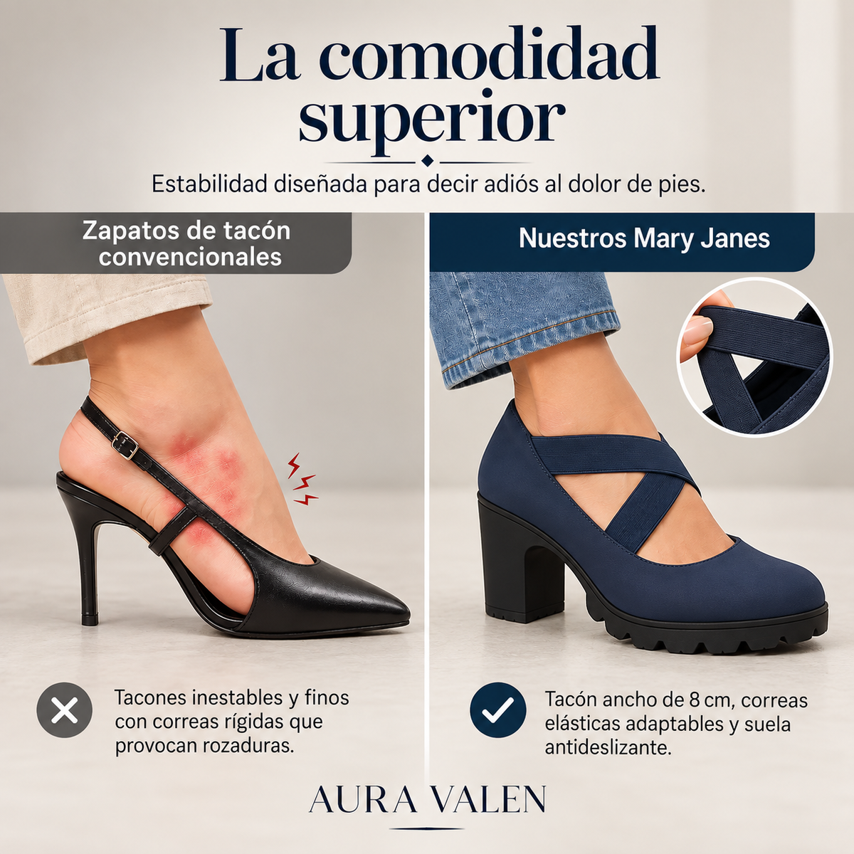 Tacones Mary Jane con tiras cruzadas: detalle del tacón ancho y las tiras elásticas