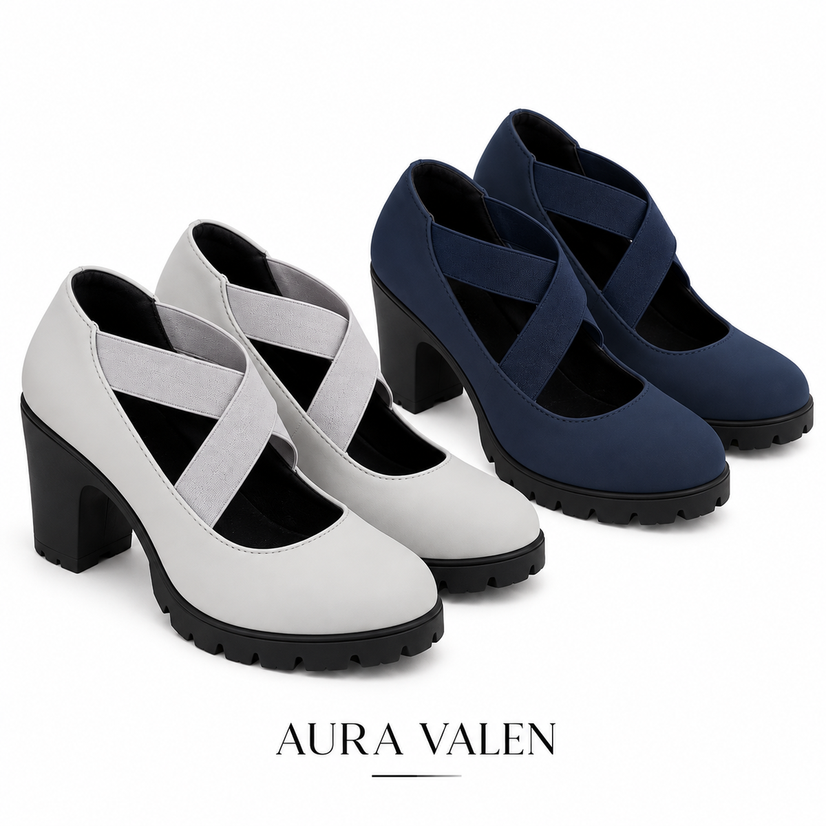 Tacones Mary Jane con tiras cruzadas en gris y azul marino