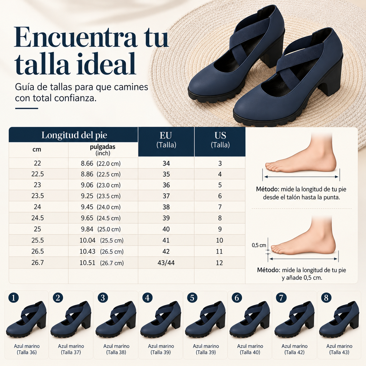 Guía de tallas de los tacones Mary Jane con tiras cruzadas
